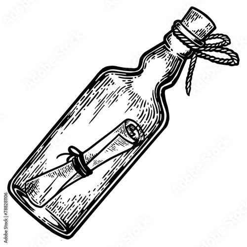 Message in a bottle engraving PNG illustration. Scratch board style imitation. Hand drawn image. photo