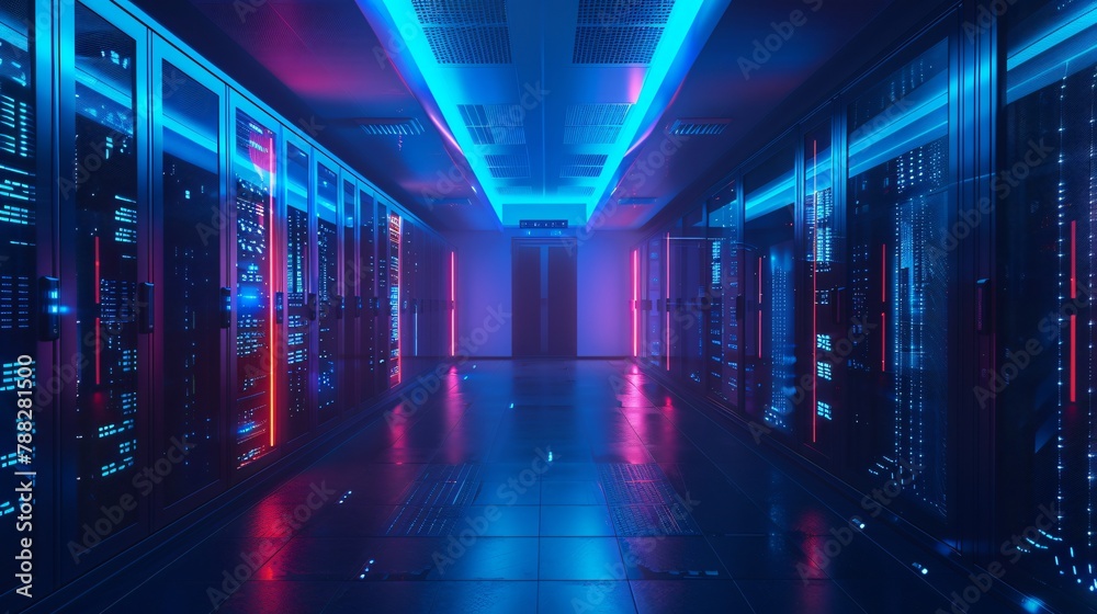 A dark and mysterious data center with red and blue lighting.