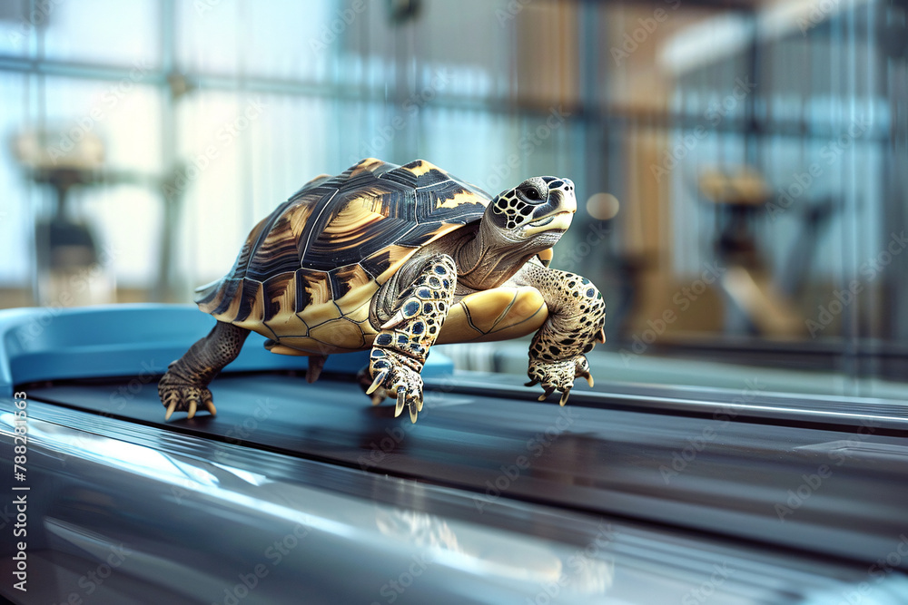Naklejka premium sports and training concept, turtle running on treadmill in the gym