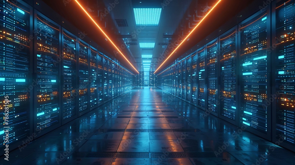 A futuristic data center with blue and orange lights.