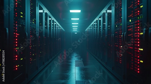 A dark and mysterious data center with red and green lights.