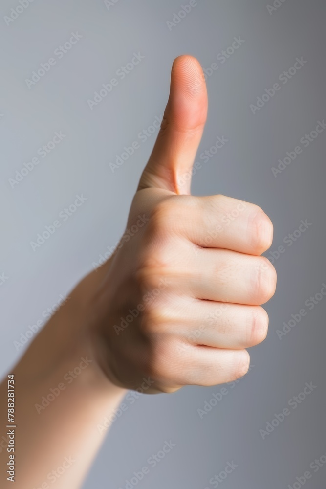 Close-up of a thumb up gesture, clear skin, neutral soft grey background, symbol of approval and positivity