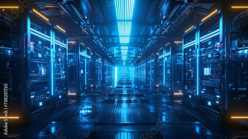 Sci-fi futuristic neon glowing server room