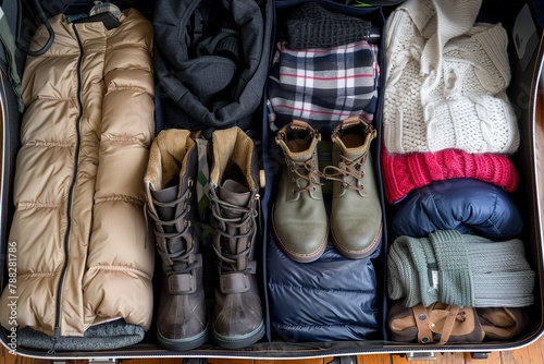 Open suitcase packed with warm clothing for a winter trip.