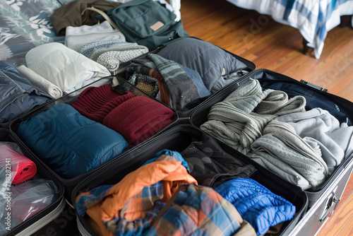 Open suitcase packed with warm clothing for travel in cooler climates.