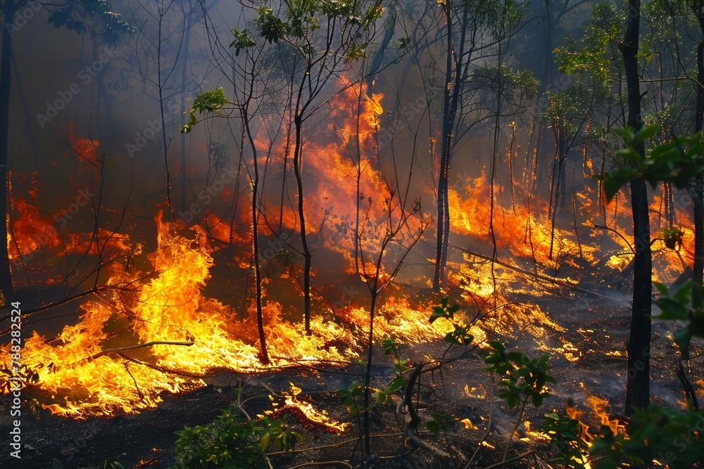 Wildfire menace in dense forest, hazardous flames, emergency nature scene