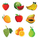 fruits, strawberry, watermelon, bananas, mango, apple, papaya, grapes, orange, pear, illustration