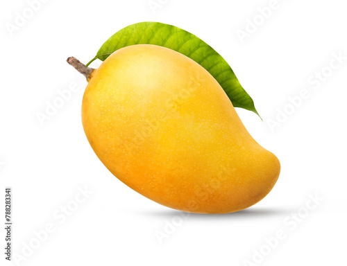Yellow Mango with cut in half and green leaf isolated on white background. photo