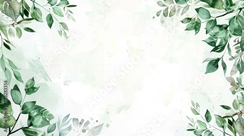 Delicate Foliage and Flowers Watercolor Frame Border With White Background.