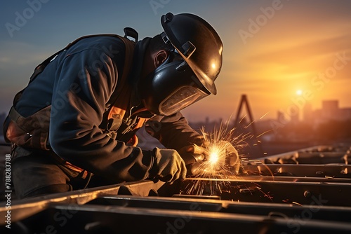 Industrial worker with protective mask welding metal in factory. Metalwork and industrial construction concept. photo