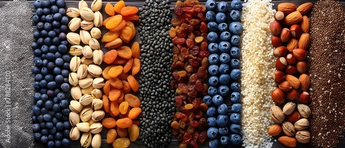 A Symphony of Healthy Snacks: Nuts and Dried Fruits Arranged in Harmony. Concept Healthy Recipes, Snack Ideas, Nuts and Fruits, Balanced Eating, Food Presentation