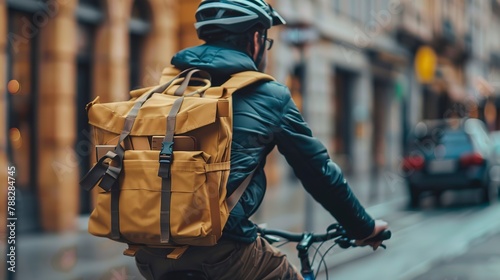 Bicycle courier's bag with parcels, macro detail, urban delivery, fast-paced city logistics 