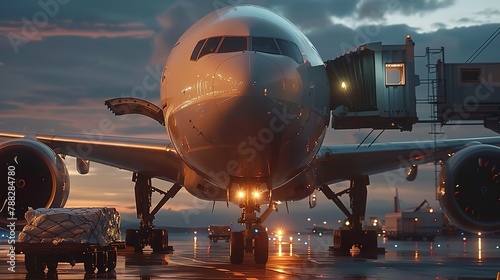 Air cargo being loaded into a freighter aircraft, close frontal view, twilight, global trade in action