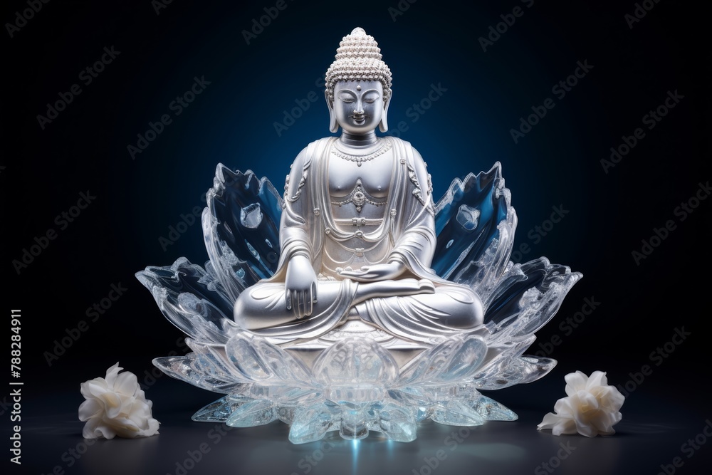a black background, a crystal glass sculpture of a seated Buddha statue serves as a profound symbol of inner peace and spiritual awakening, radiating serenity amidst the darkness.