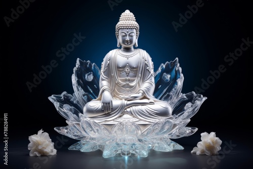 a black background  a crystal glass sculpture of a seated Buddha statue serves as a profound symbol of inner peace and spiritual awakening  radiating serenity amidst the darkness.