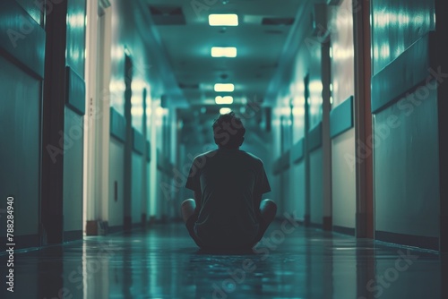 In a stark hospital corridor, a lone person sits, back turned