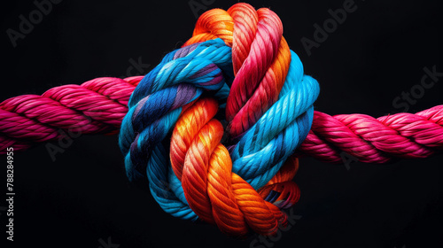 Knot, color and rope with solidarity, teamwork and collaboration on dark studio background. Texture, modern art or symbol for unity, icon or partnership with culture, help or cooperation with support