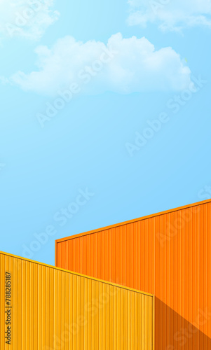 Yellow, Red box containers cargo transportation logistics against blue sky white clouds vertical on daylight, Metal sheet color wall well space for text  