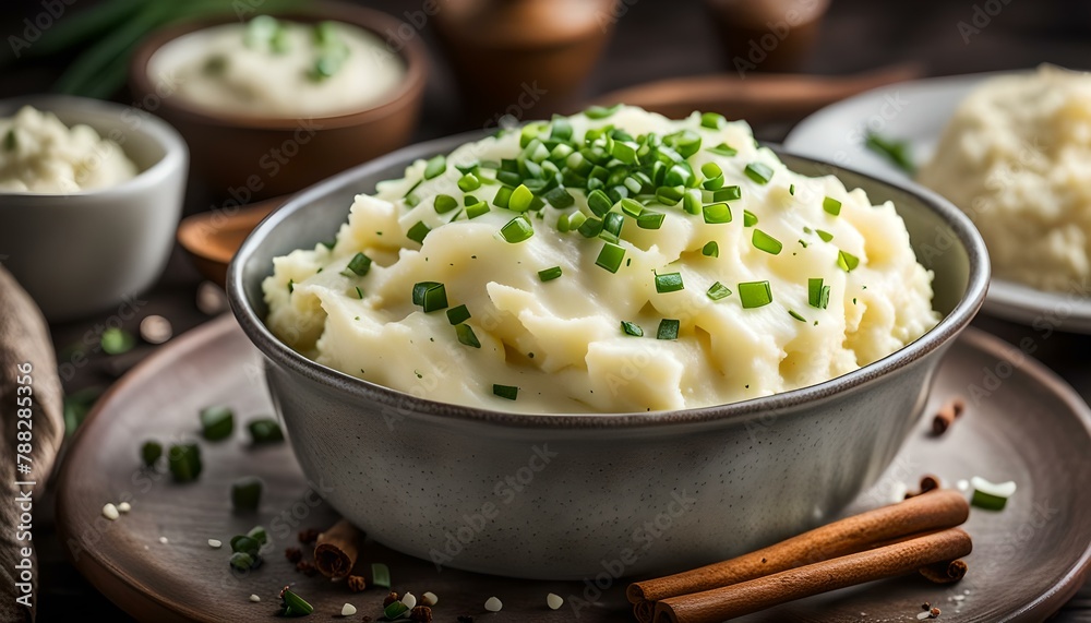 Mashed potatoes with green onion and spices.
Mashed potatoes with green onion and spices.