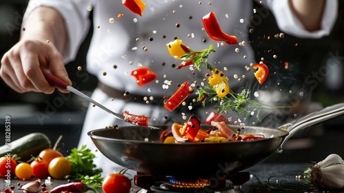 A chef tosses fresh vegetables into a sizzling pan, creating a mouthwatering splash of color and aroma in the kitchen. photo