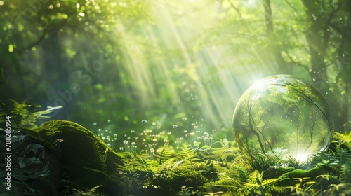 Environment Concept, ball is surrounded by green grass and trees, creating a peaceful and serene atmosphere. The sunlight is shining on the ball