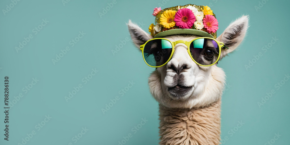 Fototapeta premium Cute smiling alpaca wearing funny hat and retro sunglasses on pastel green background, copy space. Happy Birthday, spring season