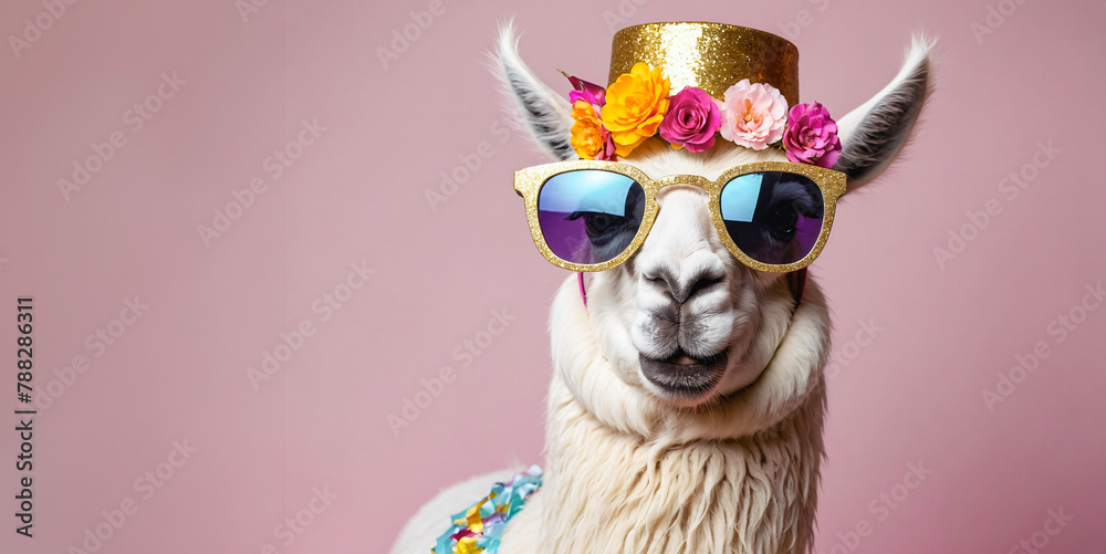 Fototapeta premium Cute smiling alpaca wearing funny hat and retro sunglasses on pastel pink background, copy space. Happy Birthday, spring season