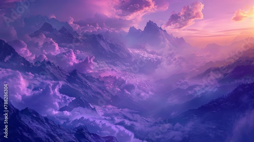 The sky is a beautiful shade of purple with clouds floating above. The mountains in the background are covered in fog, creating a serene and peaceful atmosphere