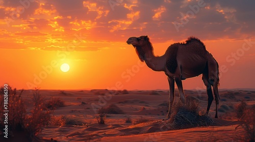 A solitary camel trekking across the desert, its silhouette stark against the setting sunillustration