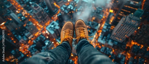 Urban Heights: Dangling Shoes Above Dusk-Lit Streets. Concept Cityscapes, Urban Photography, Shoe Photography, Street Scenes, Twilight Atmosphere photo