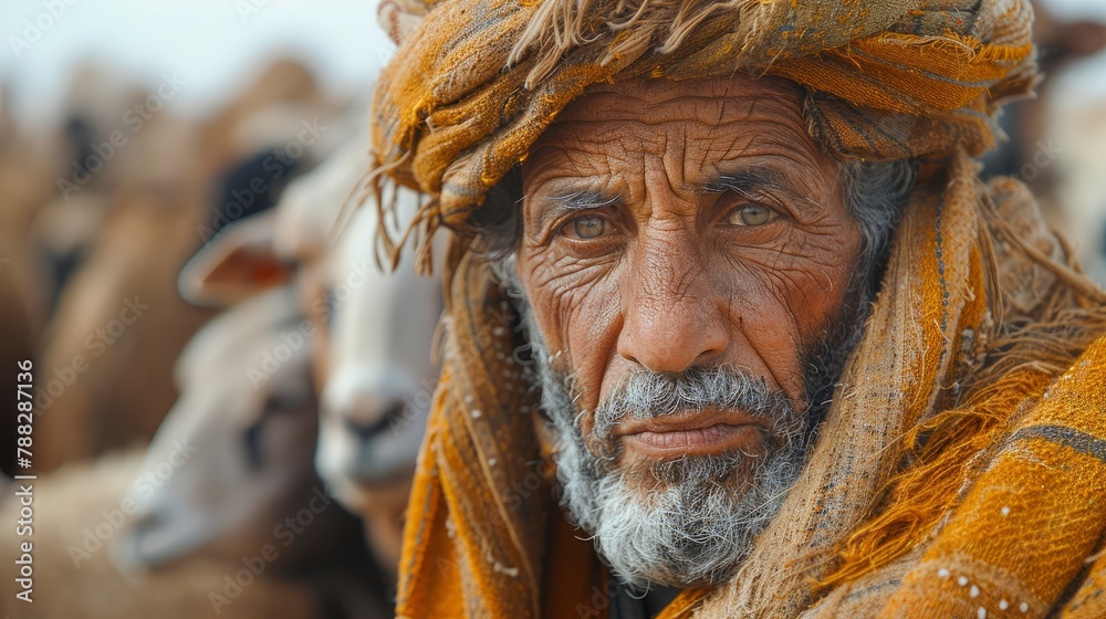 A nomad tending to his flock, his weathered face a map of the desert's trialsillustration A nomad tending to his flock, his weathered face a map of the desert's trialsillustration