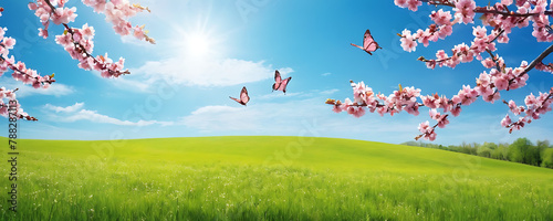 pink flowers with blue sky in background, butterflies, summer vibes, spring 
