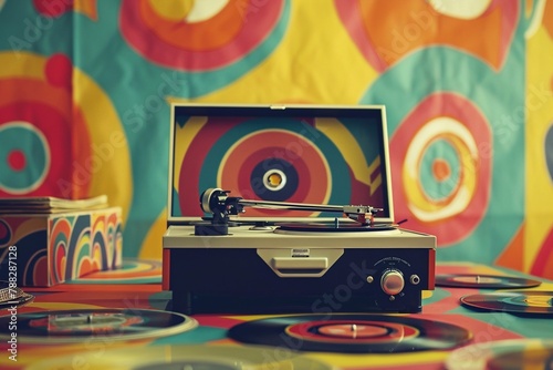 Classic vinyl record player on a bright abstract background front view.