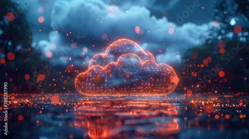 Digital clouds hovering over a landscape, symbolizing cloud computing and network connectivityillustration photo