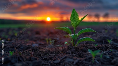 Vibrant green seedling emerging at captivating sunrise or sunset in a scenic agricultural landscape
