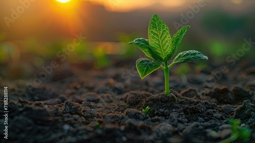 Vibrant Green Seedling Emerging at Sunset with Natural Energy