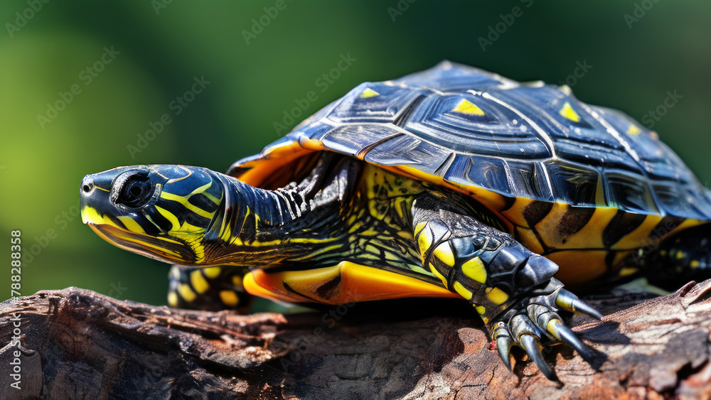 A red-eared turtle climbed out of the water onto the rocks to warm up in the sun. A red-eared turtle climbed out of the water onto the rocks to warm up in the sun.