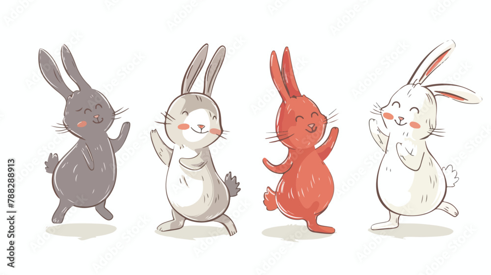 Four doodle Bunnies. Dancing standing fighting running