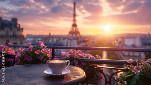 A cup of coffee on the table with an outdoor view in Paris