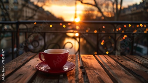A cup of tea on the table with an outdoor view in Paris