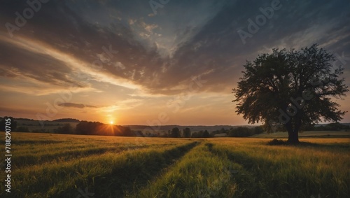 Tranquil countryside at sunset with blurred backdrop © xKas