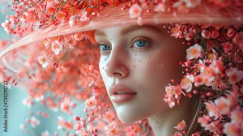 A photo of an avant-garde woman in profile wearing a giant hat made of flowers