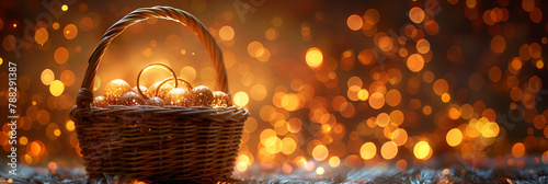 A Basket with a Gold Ring Background with a Lamp ,
Sparklers and wooden basket with food for Christmas selebration
 photo
