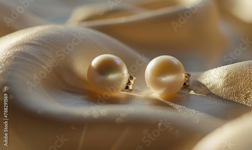 Pair of pearl drop earrings delicately arranged on a smooth satin material background photo