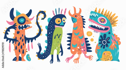 Four quirky creatures and doodle objects. Abstract monster