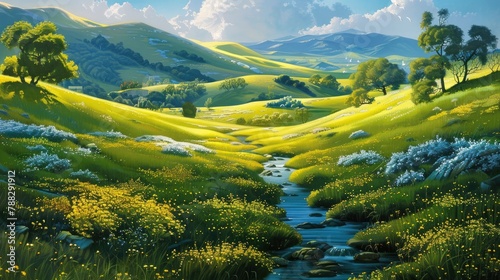 A painting of a field with a river running through it