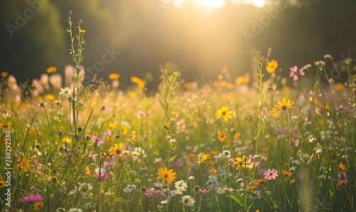 Delicate morning light casting soft shadows on a field of wildflowers