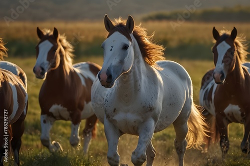 A field is being raced by numerous horses, and one of the horses seems to be biting or nipping the face of another. The heads of the white and brown horses are near to one another. photo