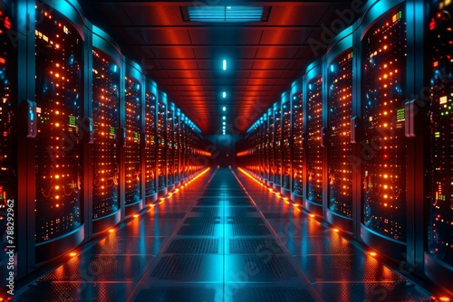 Inside a futuristic data center  rows of server racks are illuminated with red and blue LED lights