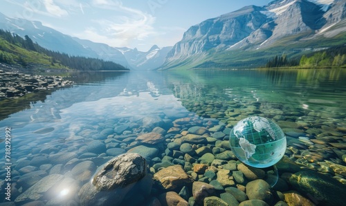 Earth globe floating on the clear surface of a mountain lake